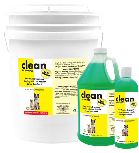 Clean pet shampoo five gallon, one gallon and 16 oz 