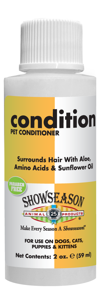 Condition Pet Conditioner with product information and instructions in 2 ounce bottle. 