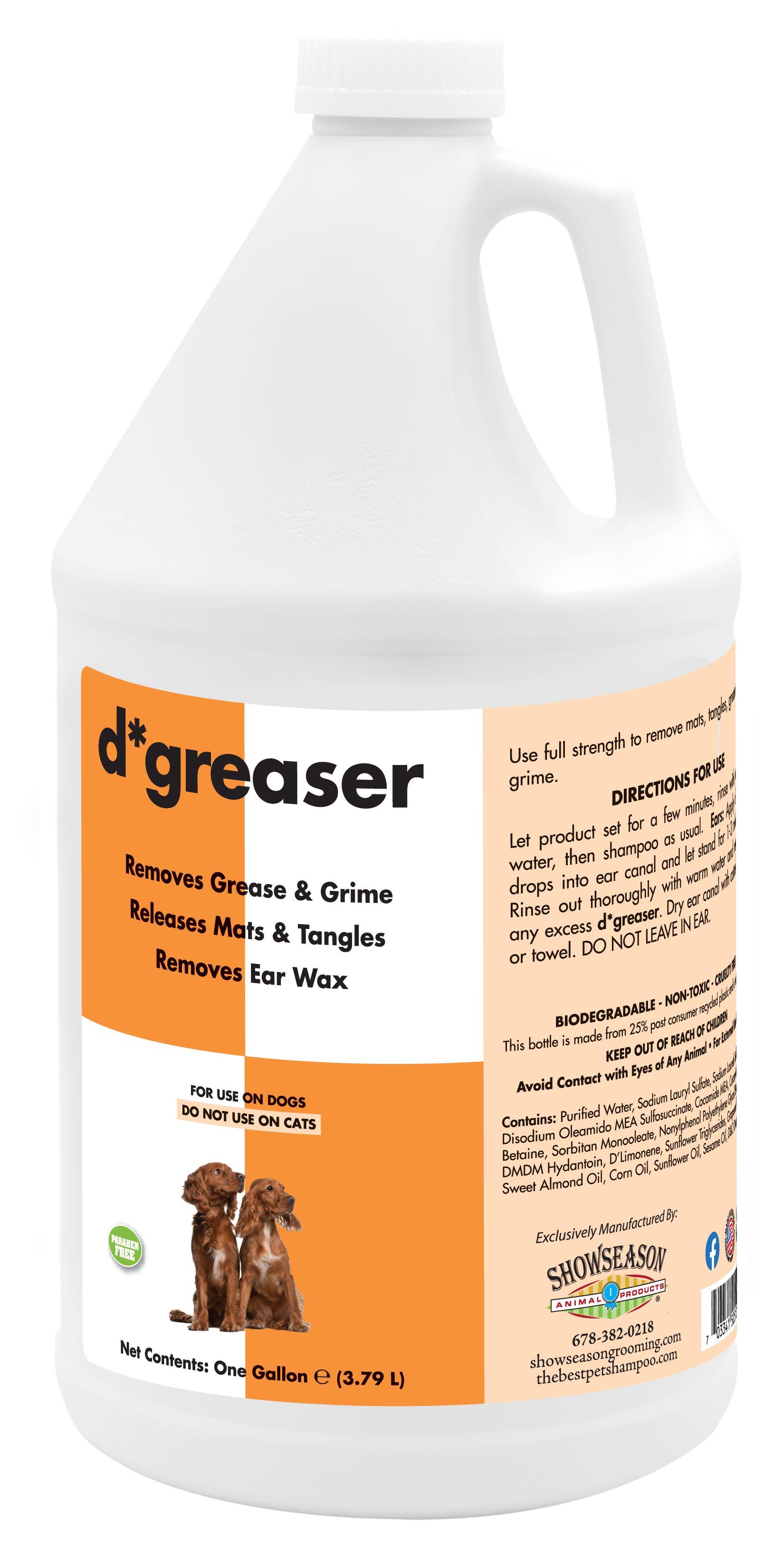 D*greaser pet shampoo with product information and instructions in a one gallon bottle. 