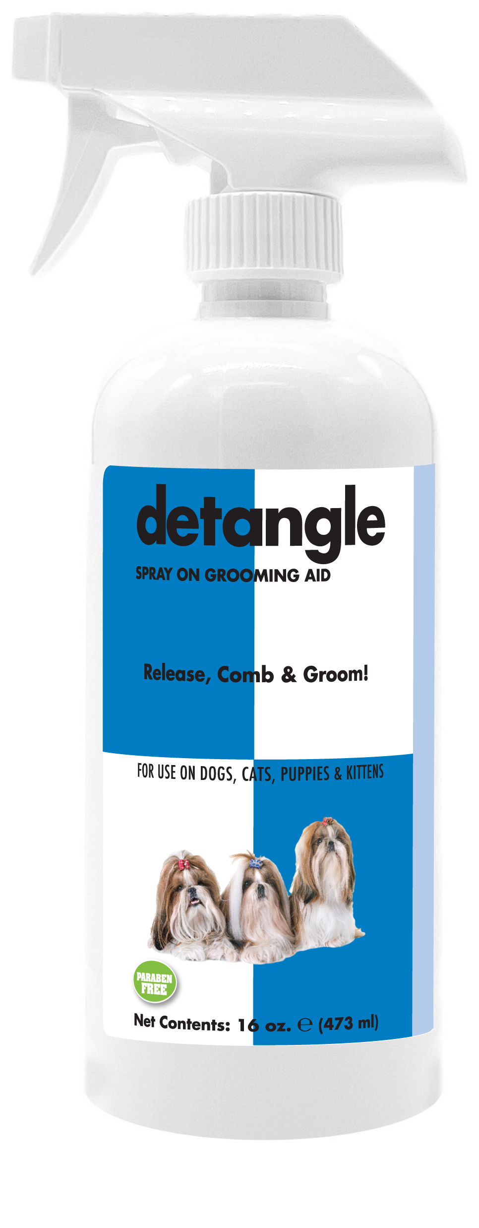 Detangle pet spray with product information and instructions in a 16 ounce spray bottle. 