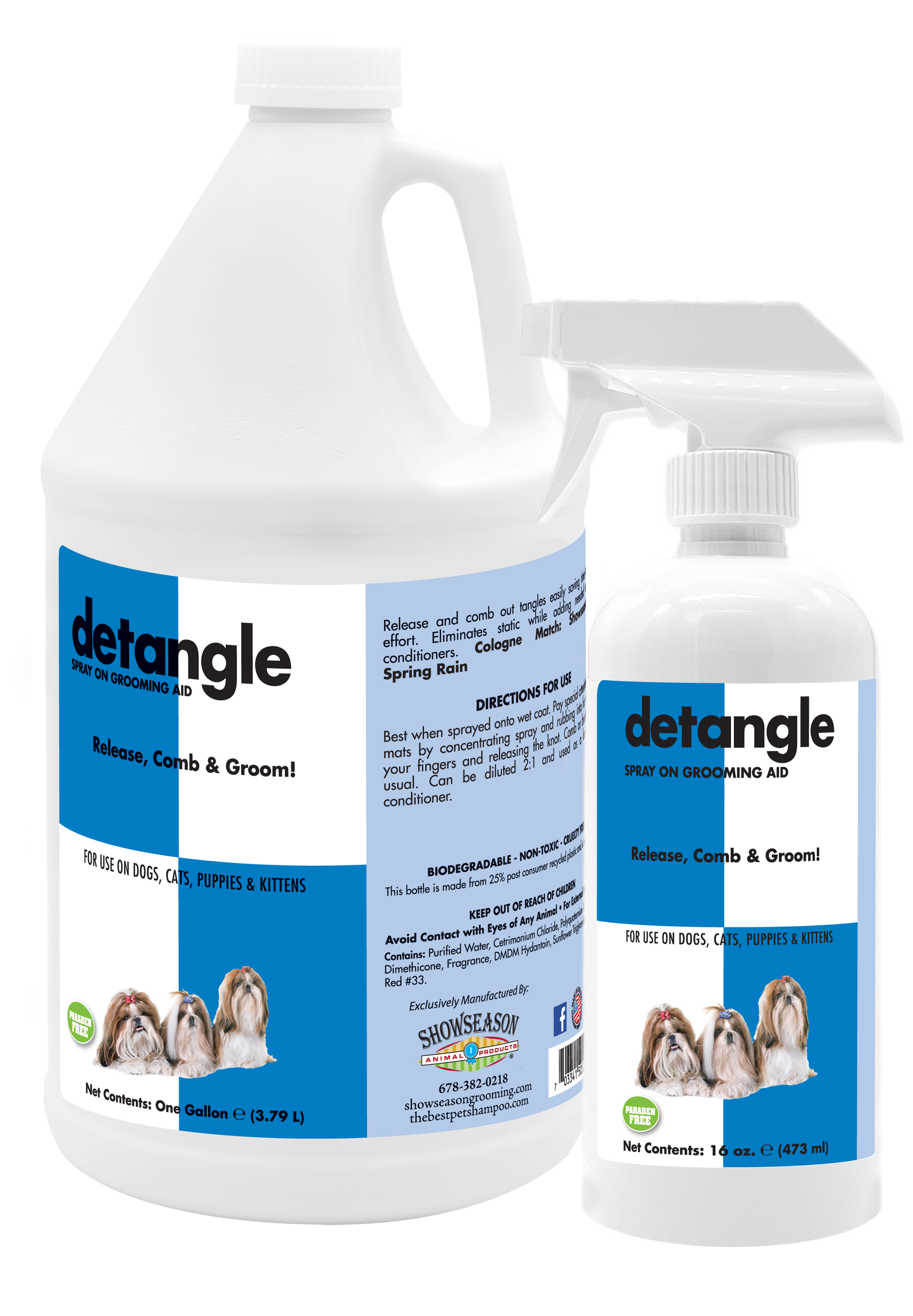 Detangle Pet Spray in one gallon bottle and 16 ounce spray bottle with product information and instructions. 