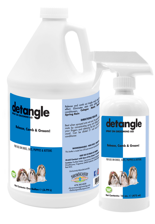 Detangle Pet Spray in one gallon bottle and 16 ounce spray bottle with product information and instructions. 