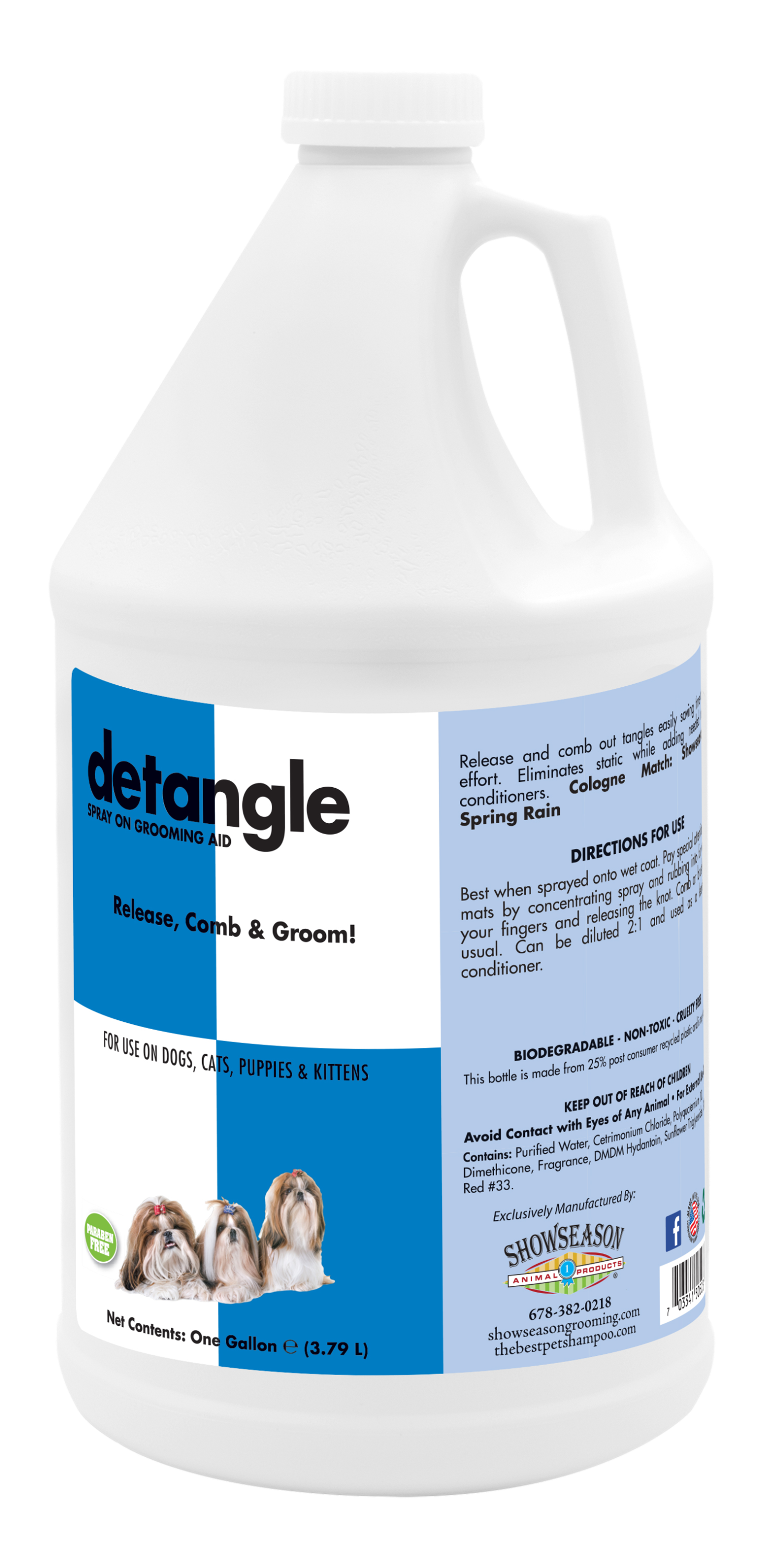 Detangle pet spray with product information and instructions in one gallon bottle. 