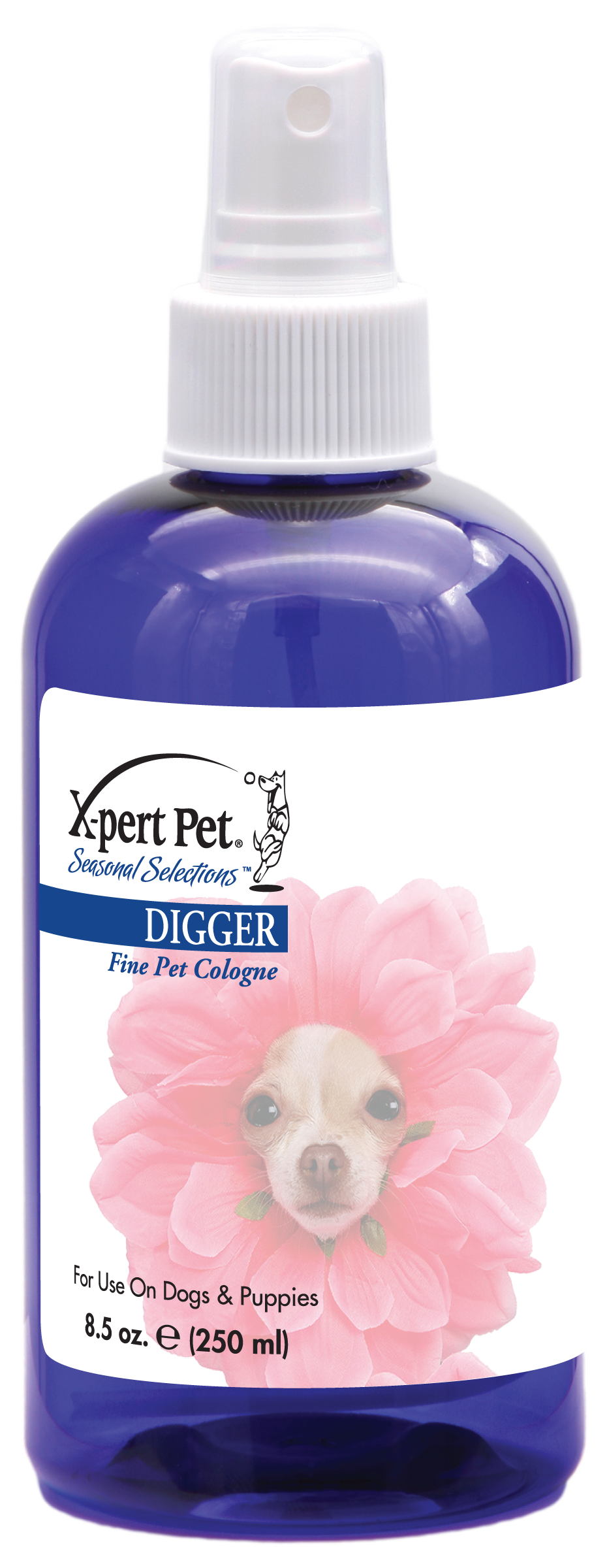 Xpert Pet Seasonal Scents Digger Fine Pet Cologne in an 8.5 ounce pump spray bottle. 