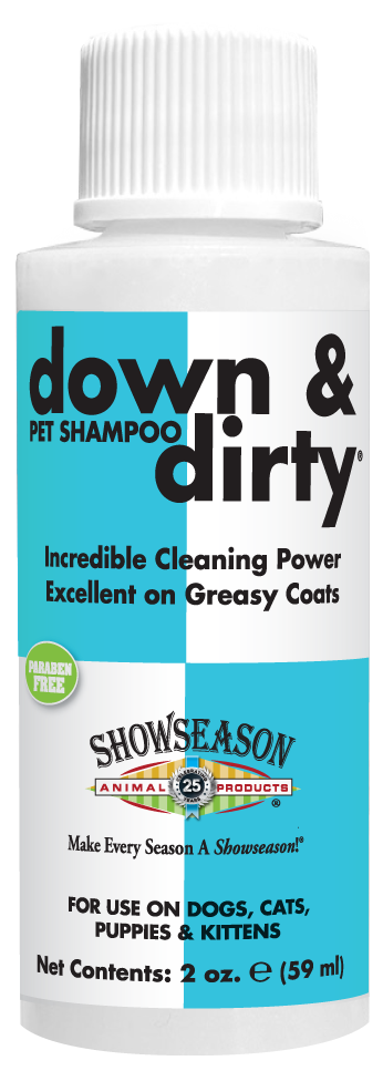 Down and dirty pet shampoo with product information and instructions in 2 ounce bottle. 