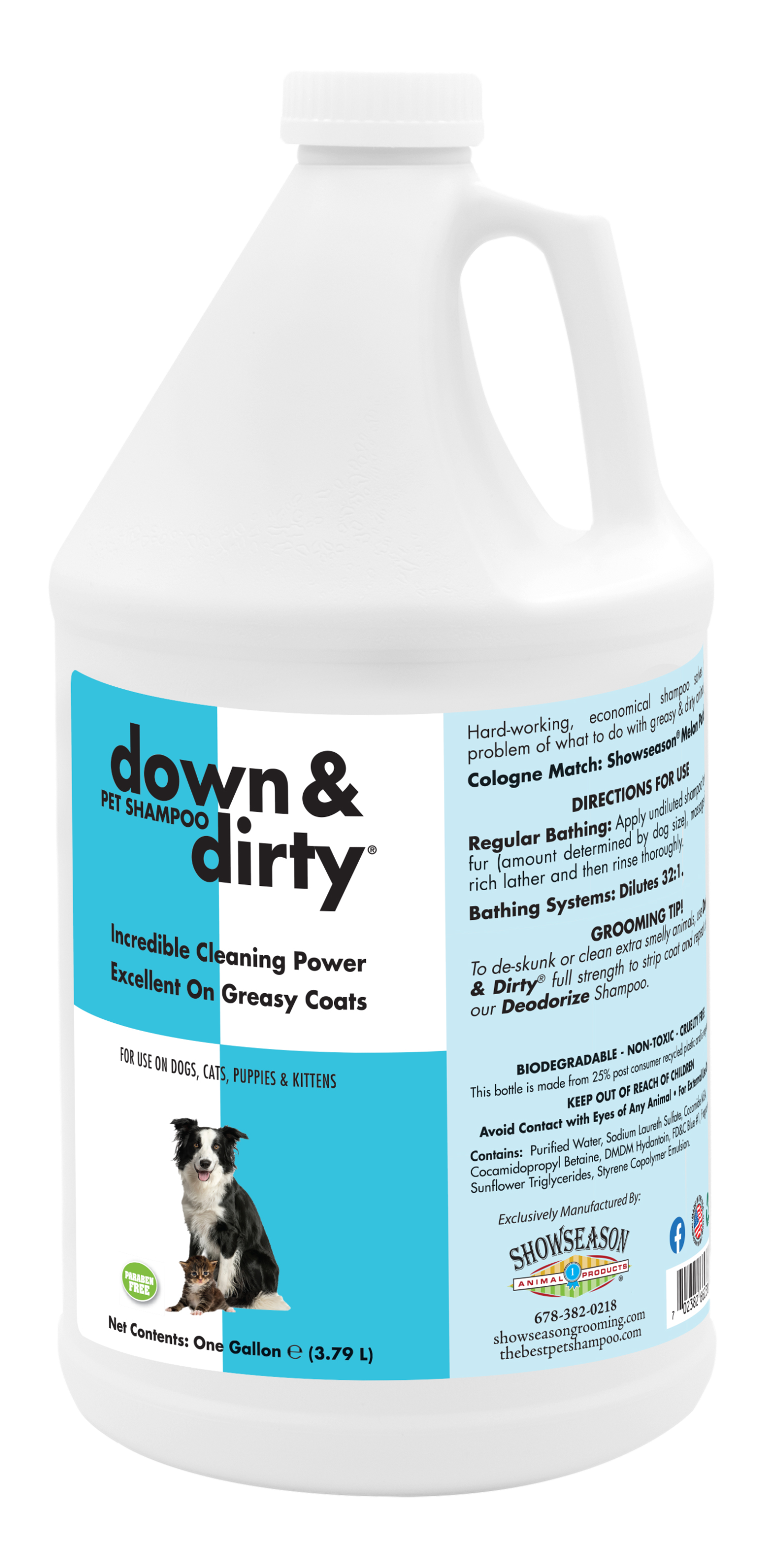 Down and Dirty Pet Shampoo with product information and instructions in one gallon bottle. 
