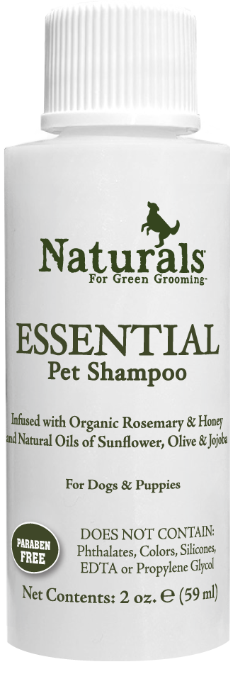 Naturals for Green Grooming Essential Pet Shampoo in 2 ounce bottle. 