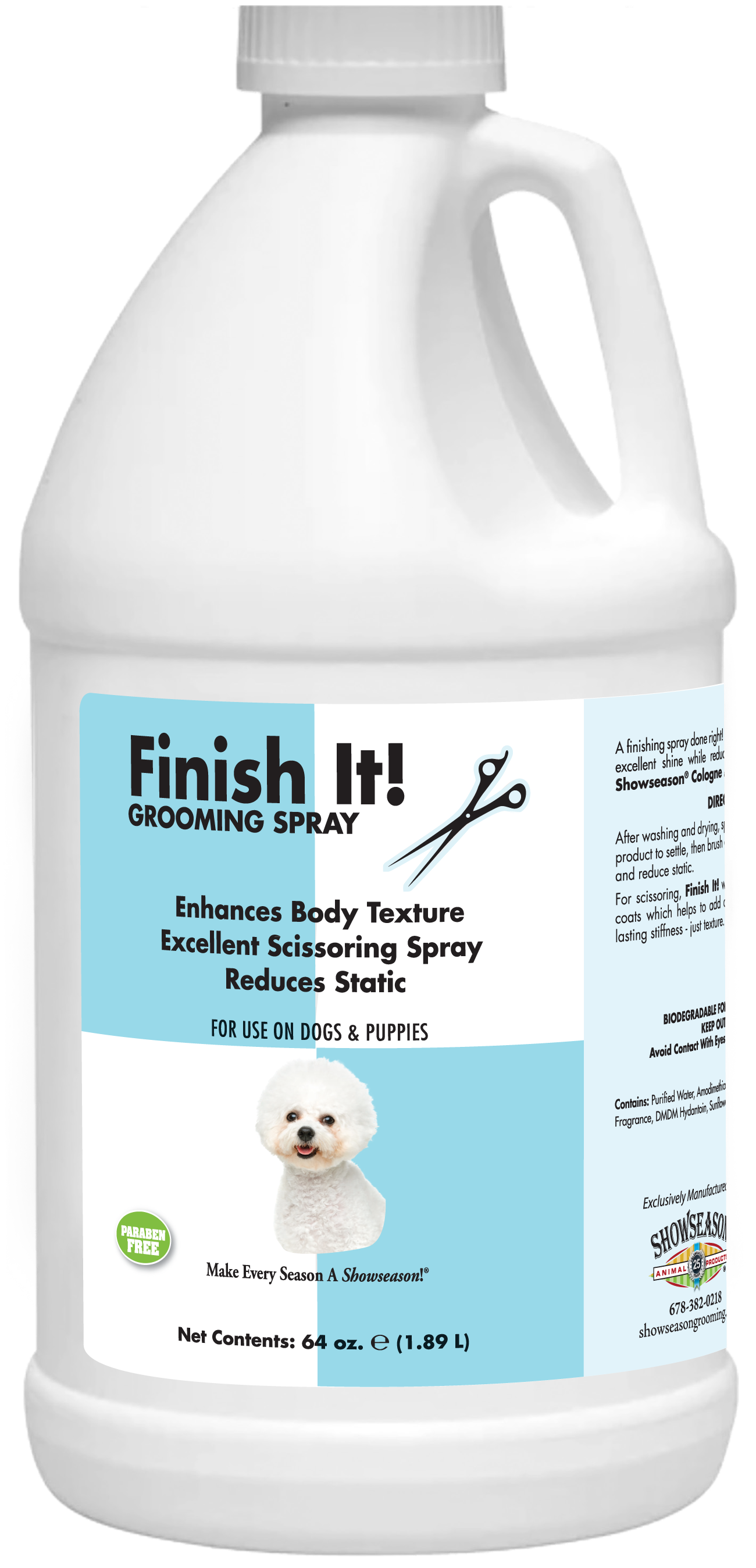 Finish It! Pet Grooming Spray with product information and instructions in a 64 ounce bottle.
