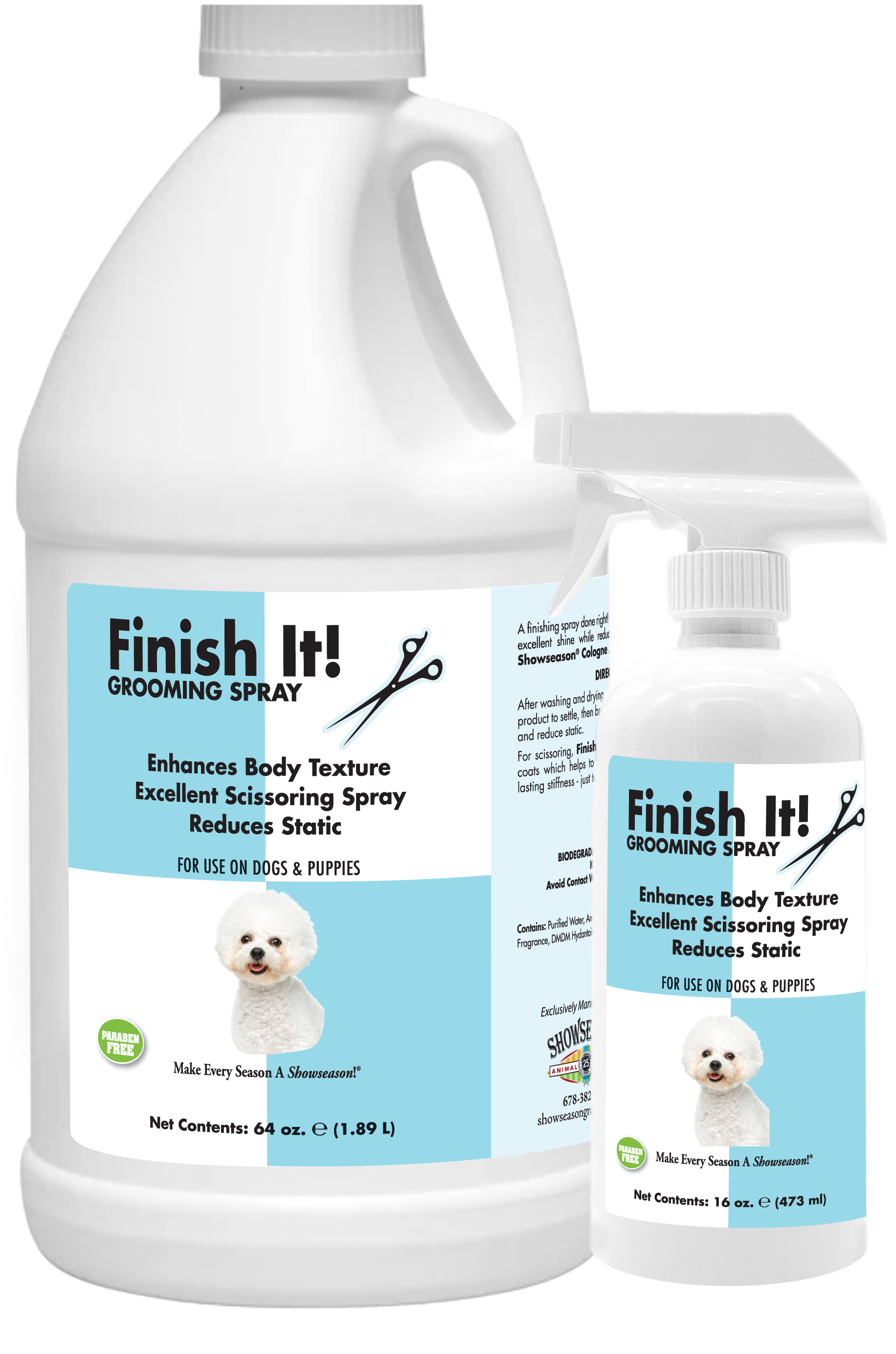 Finish It! Pet Grooming Spray with product information and instructions in a 64 ounce bottle and 16 ounce spray bottle. 