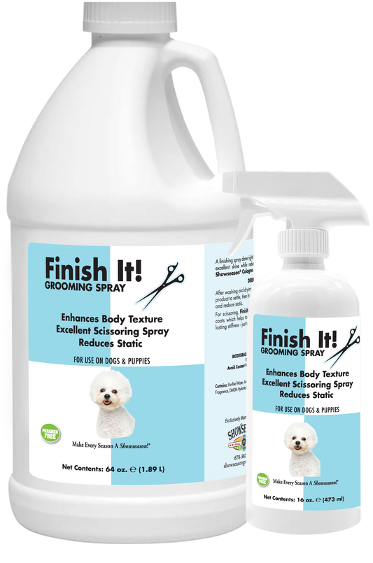 Finish It! Pet Grooming Spray with product information and instructions in a 64 ounce bottle and 16 ounce spray bottle. 