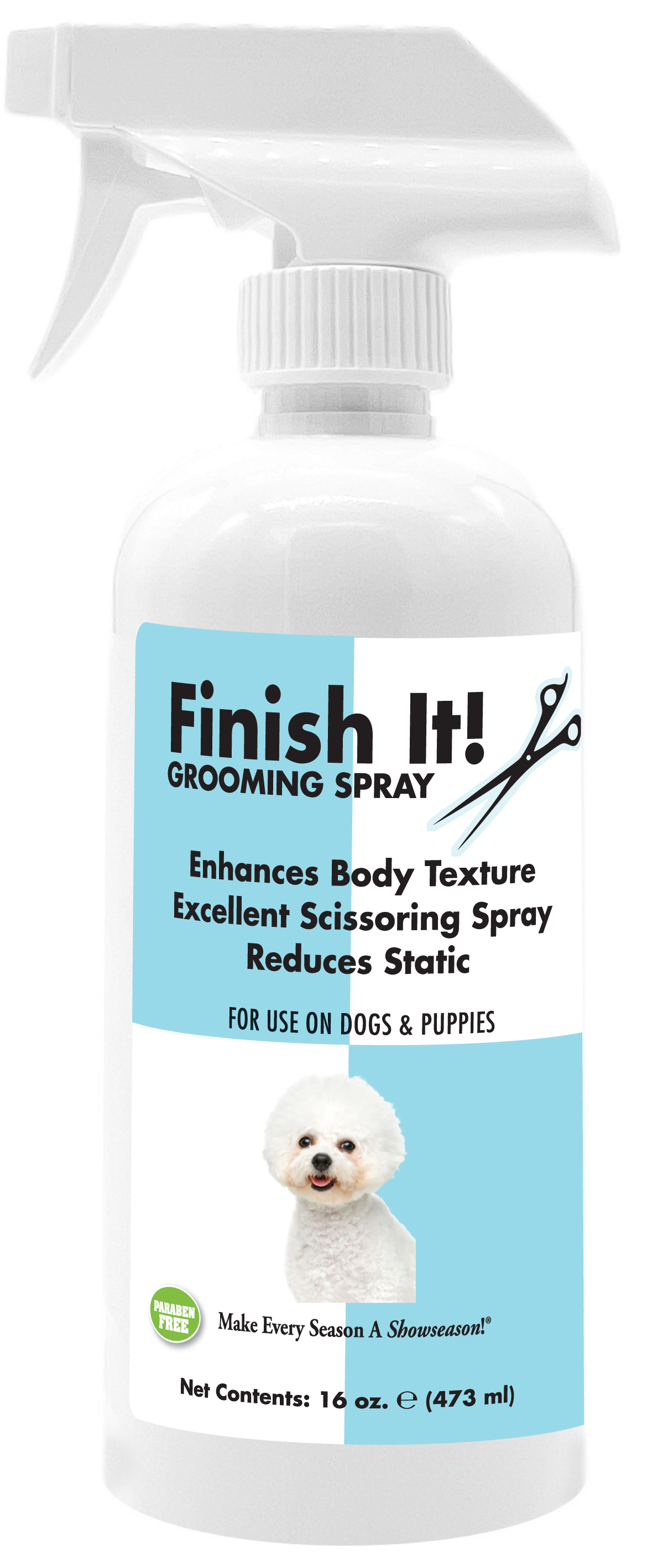 Finish It! Pet Grooming Spray with product information and instructions in a 16 ounce spray bottle. 