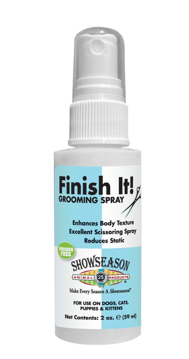 Finish It! Pet Grooming Spray with product information and instructions in a 2 ounce bottle. 