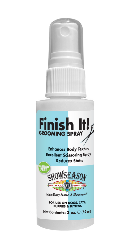 Finish It! Pet Grooming Spray with product information and instructions in a 2 ounce bottle. 