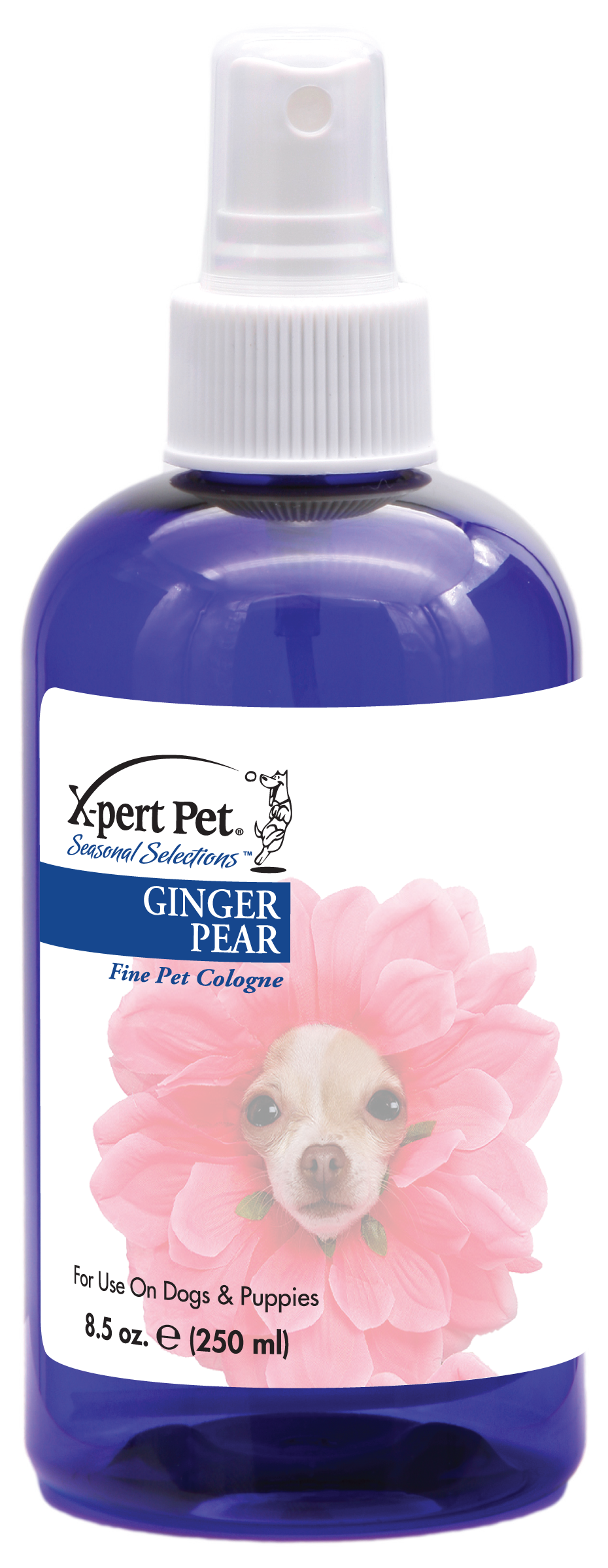Xpert Pet Seasonal Selections Ginger Pear Fine Pet Cologne in 8a 2.5 ounce pump spray bottle. 
