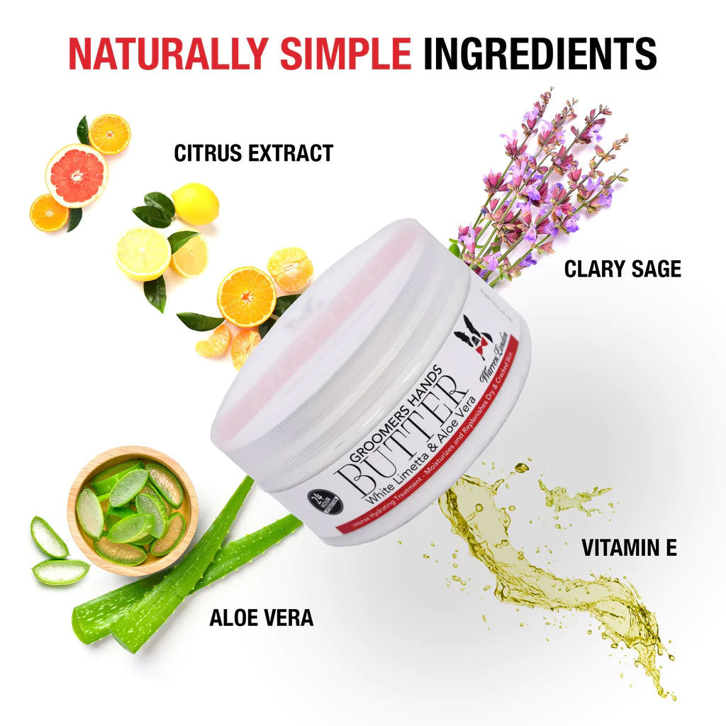 Groomer's Hand Butter graphic that describes its natural ingredients. 