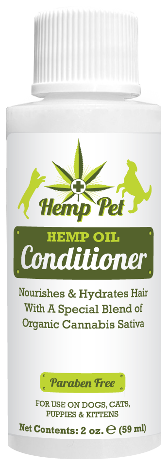 Hemp Oil Conditioner with product information in a 2 ounce bottle. 