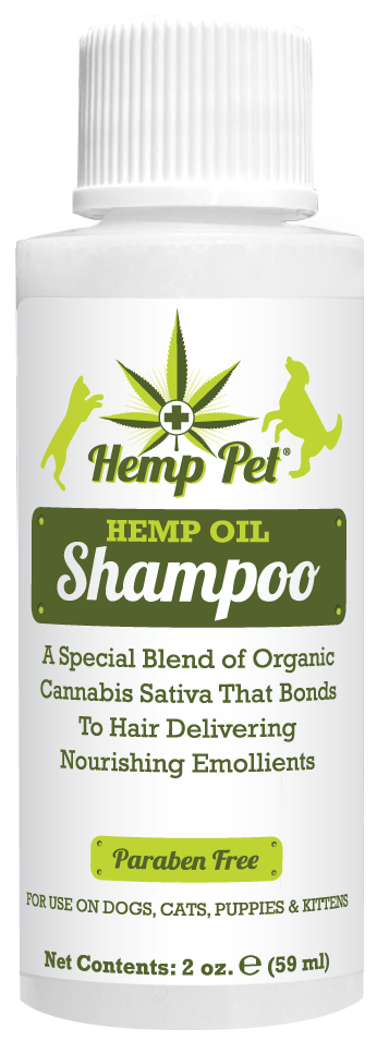 Hemp Oil Shampoo with product information in a 2 ounce bottle. 