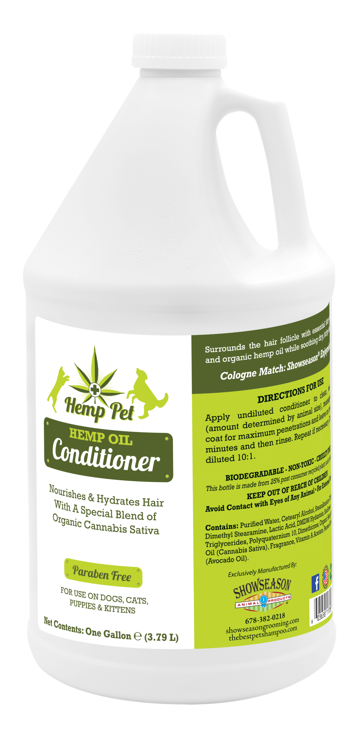 Hemp Oil Conditioner with product information in a one gallon bottle.