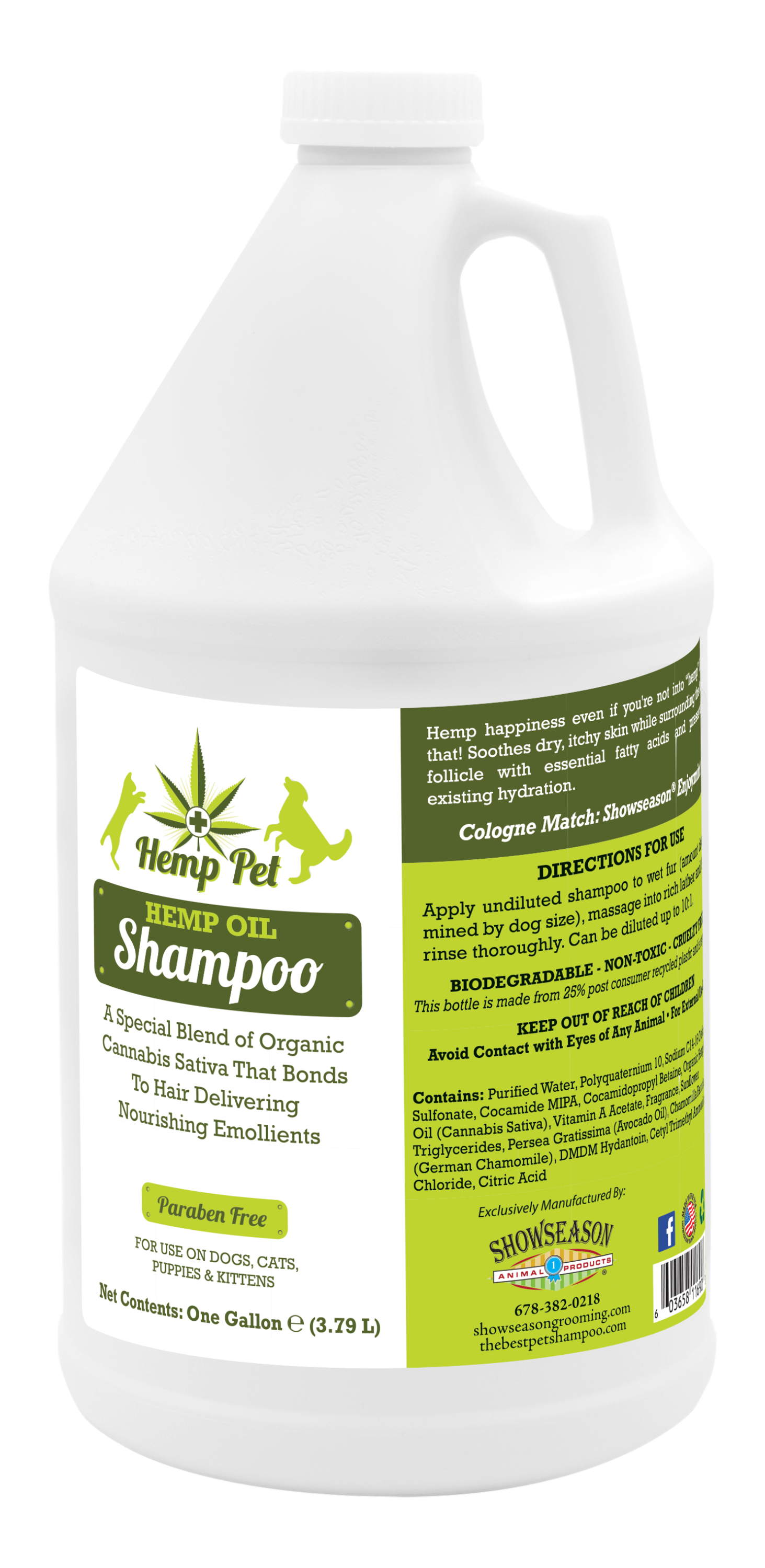 Hemp Oil Shampoo with product information in a one gallon bottle.