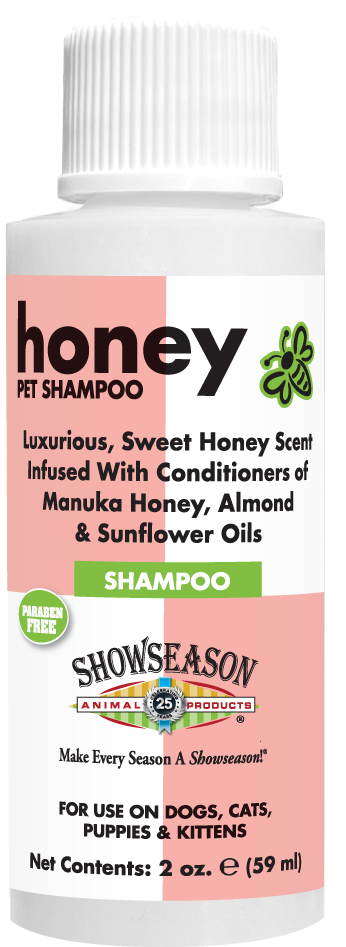 Honey Pet Shampoo with product information in 2 ounce bottle. 