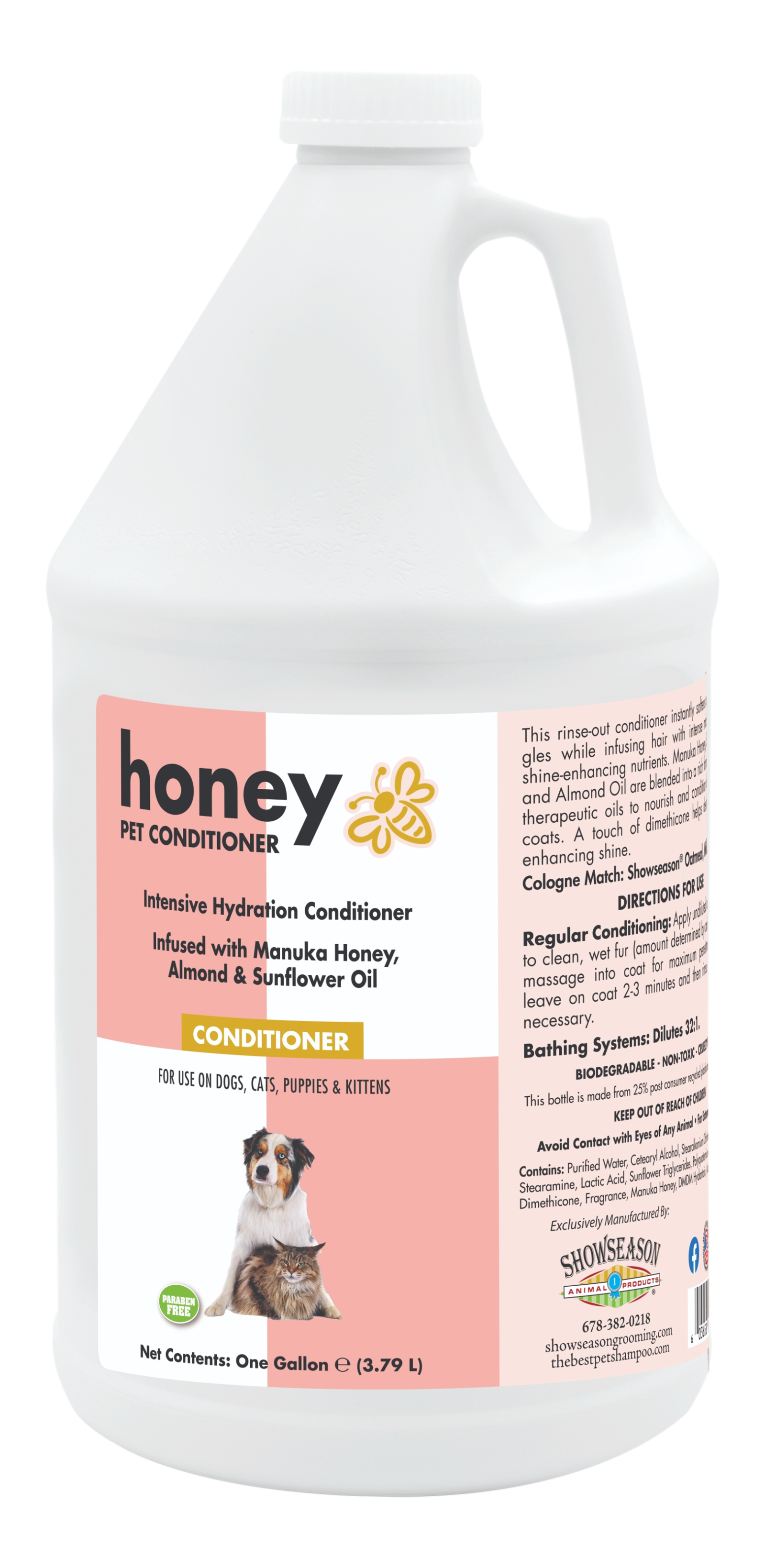 Honey pet conditioner with product information in a one gallon bottle. 