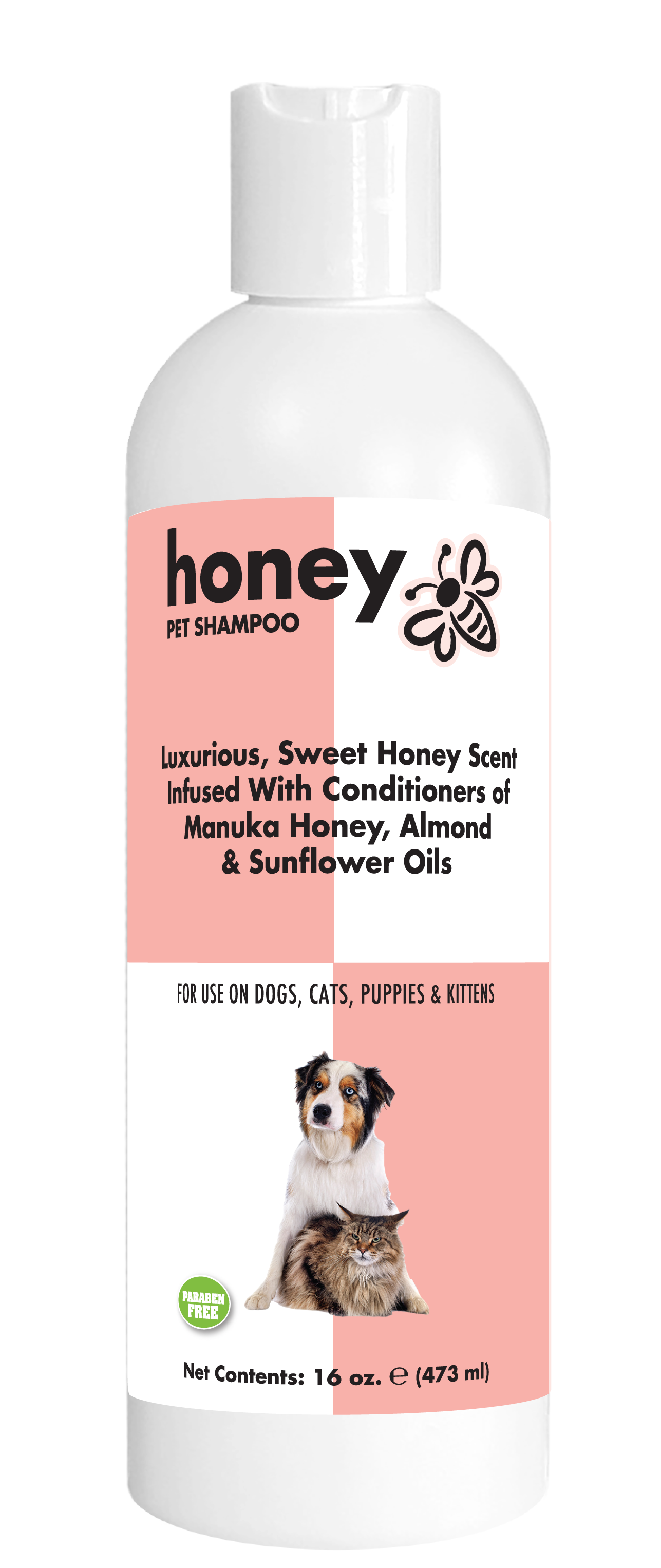 Honey Pet Shampoo with product information in 16 ounce bottle. 
