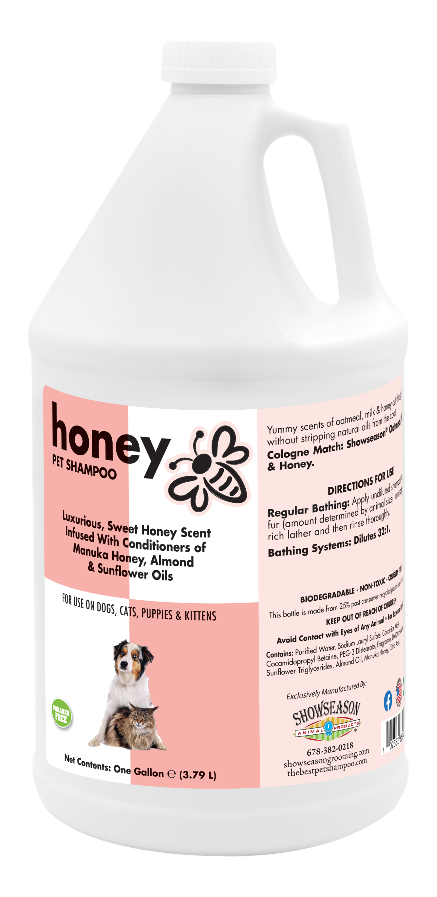 Honey Pet Shampoo with product information in a one gallon bottle. 