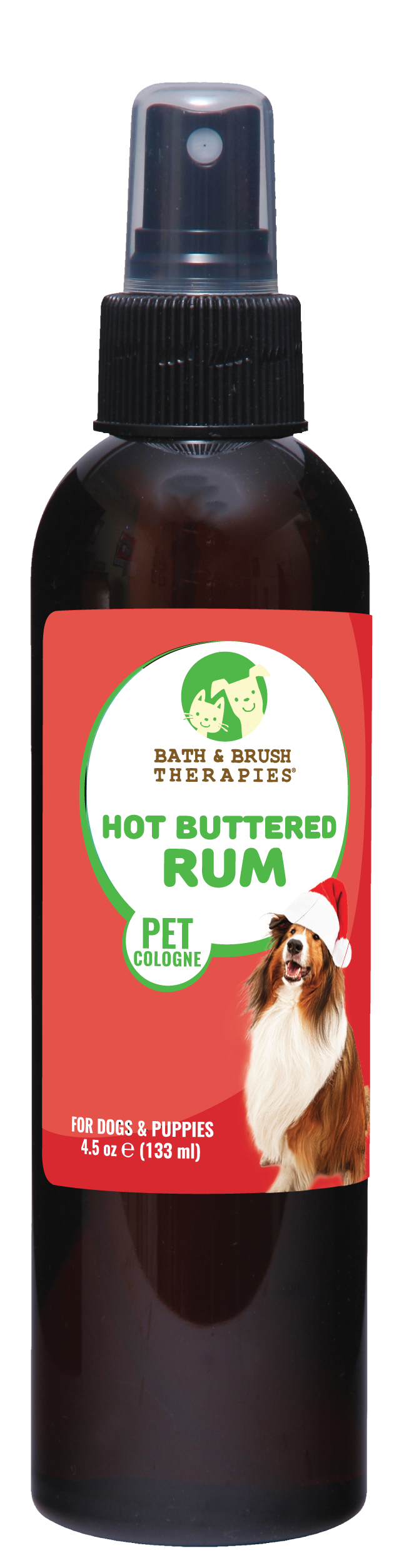 Hot buttered rum pet cologne in 4.5 ounce pump spray bottle. 