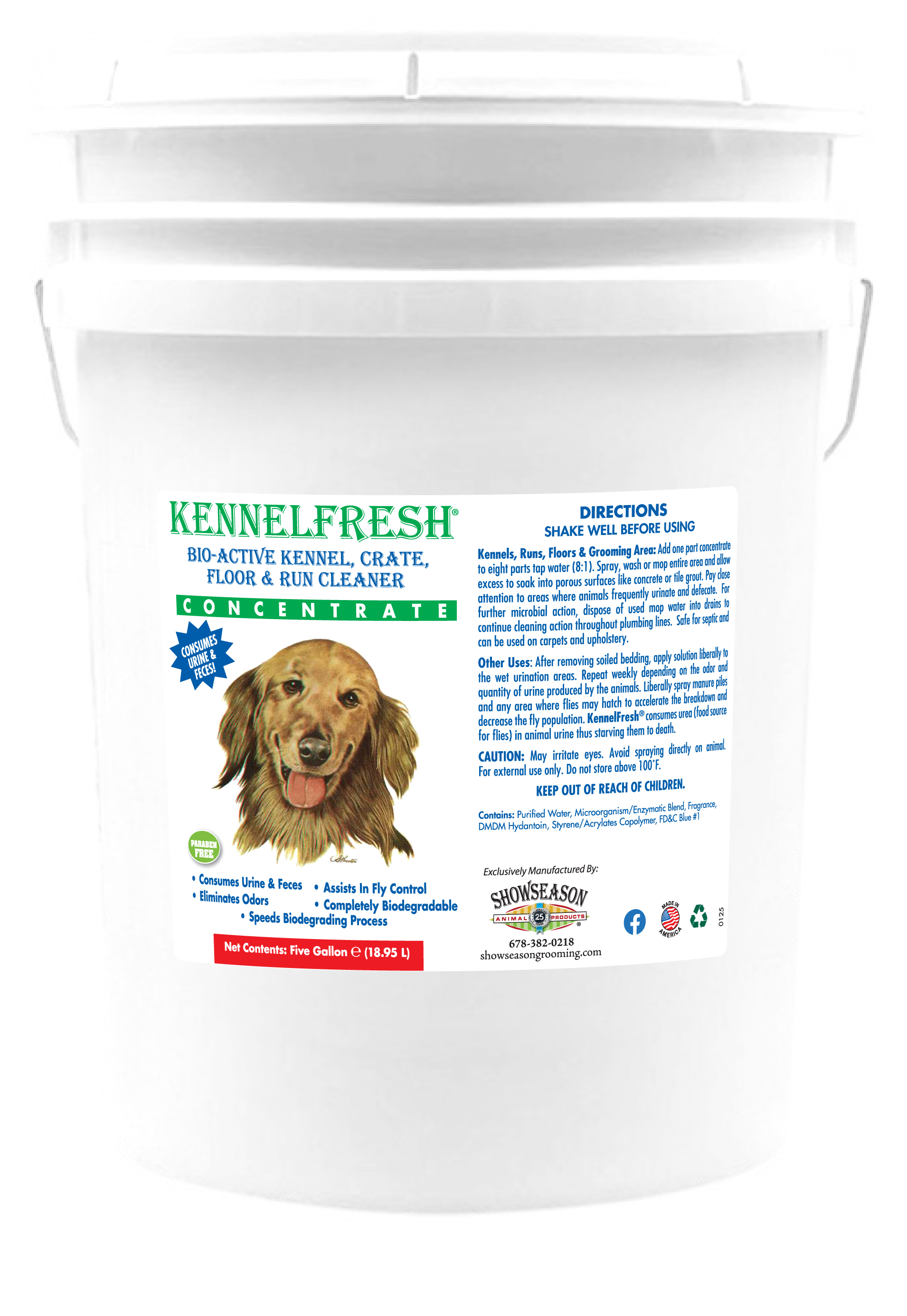 five gallon Kennel Fresh bio-active, kennel, crate, floor & run cleaner showing directions and benefits