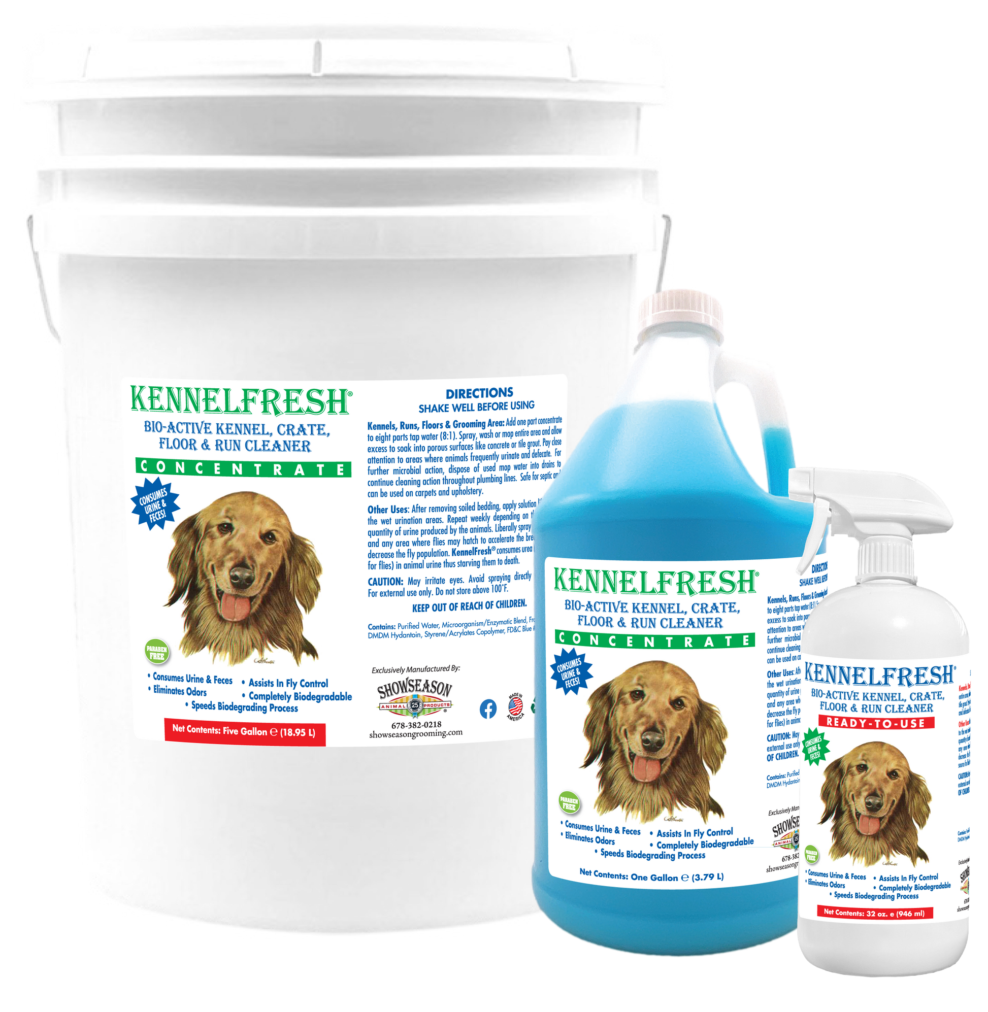 Kennel Fresh concentrate cleaner in group of five gallon, one gallon and 32oz spray.