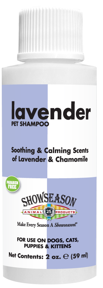 Lavender Pet shampoo with information and instruction in 2 ounce bottle.