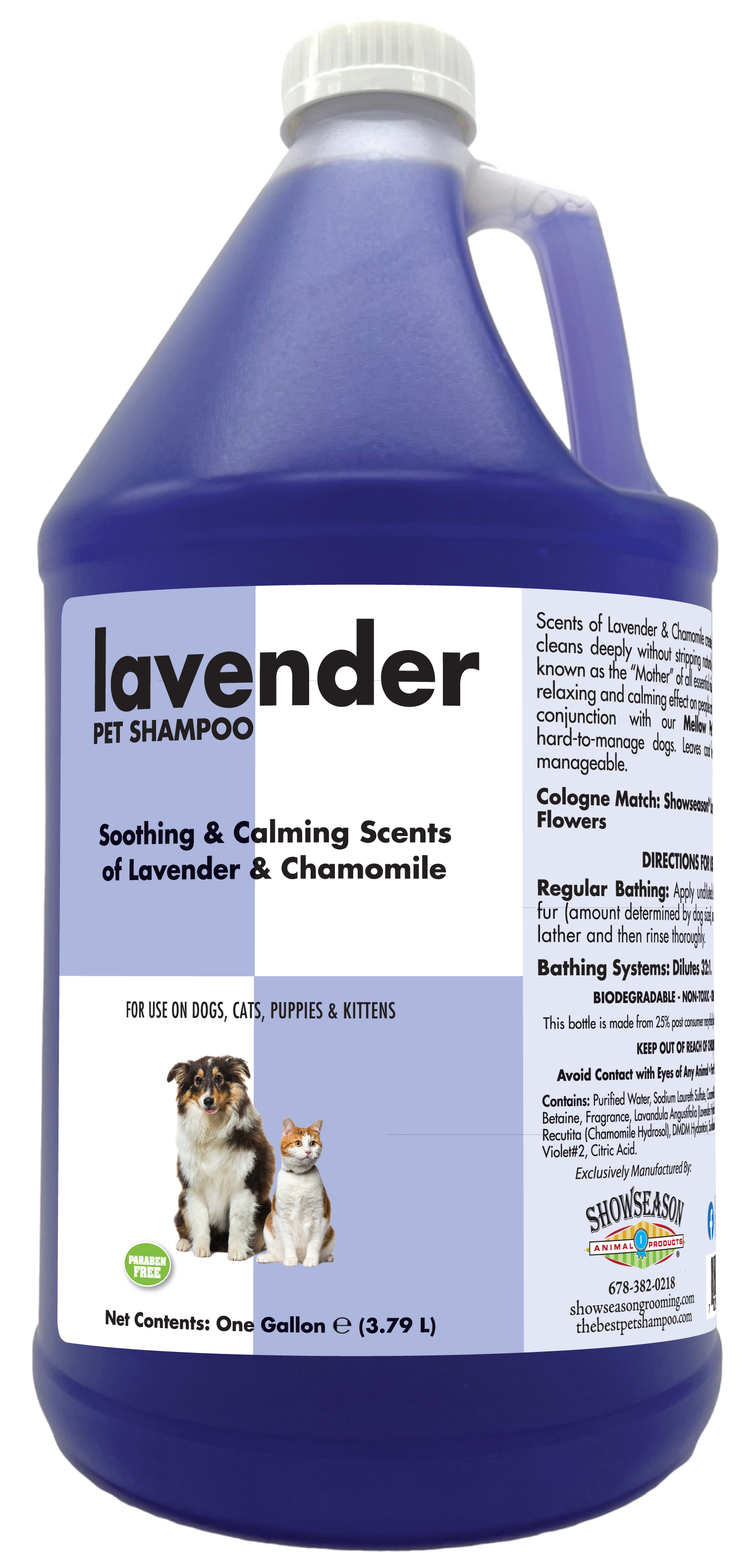 Lavender Pet shampoo with information and instruction in 1 gallon bottle. 