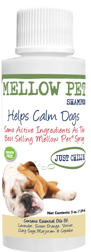 Mellow Pet Shampoo with ingredients and instructions in 2 ounce bottle. 