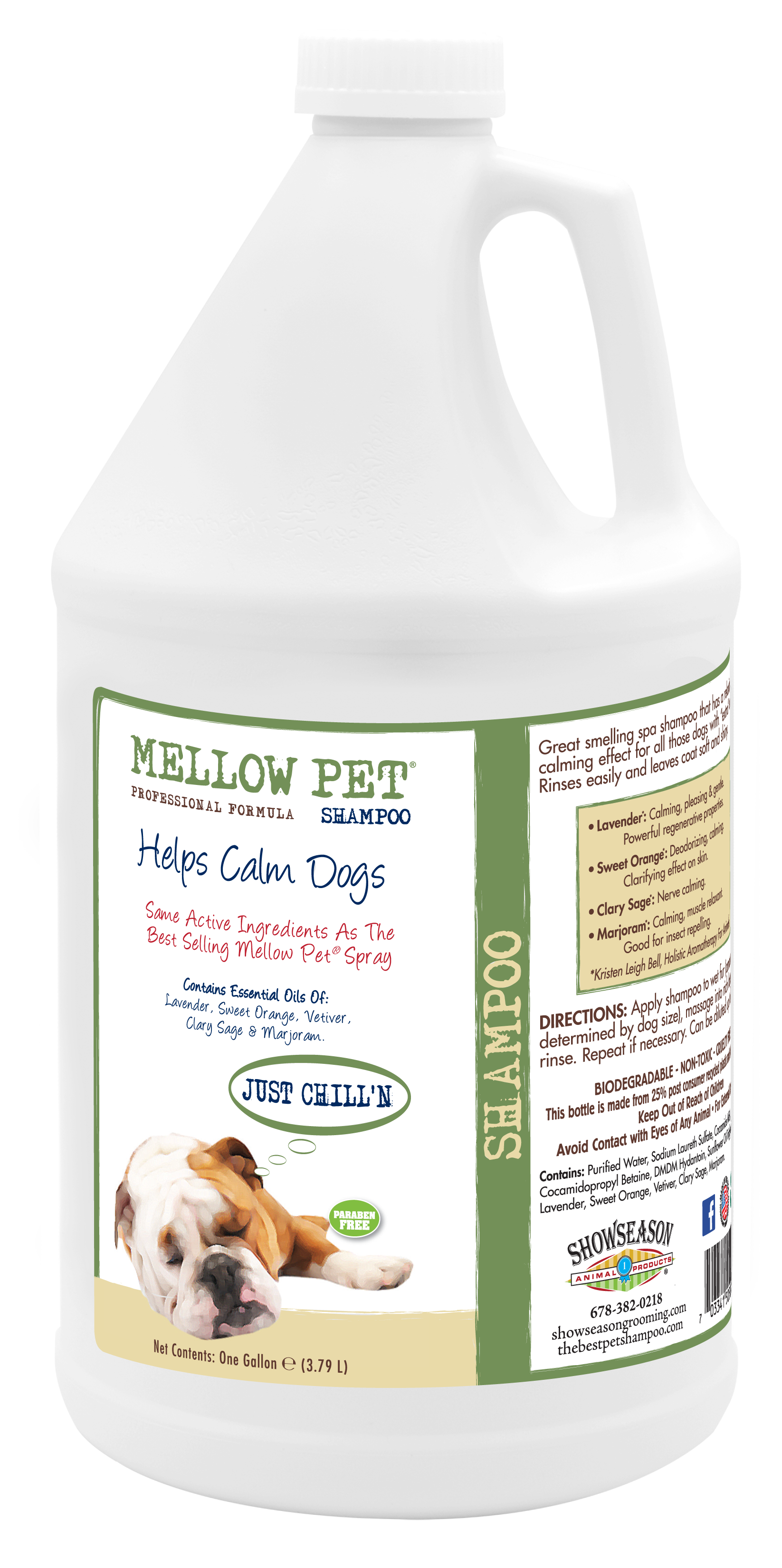 Mellow Pet Shampoo with ingredients and instructions in 1 gallon bottle. 