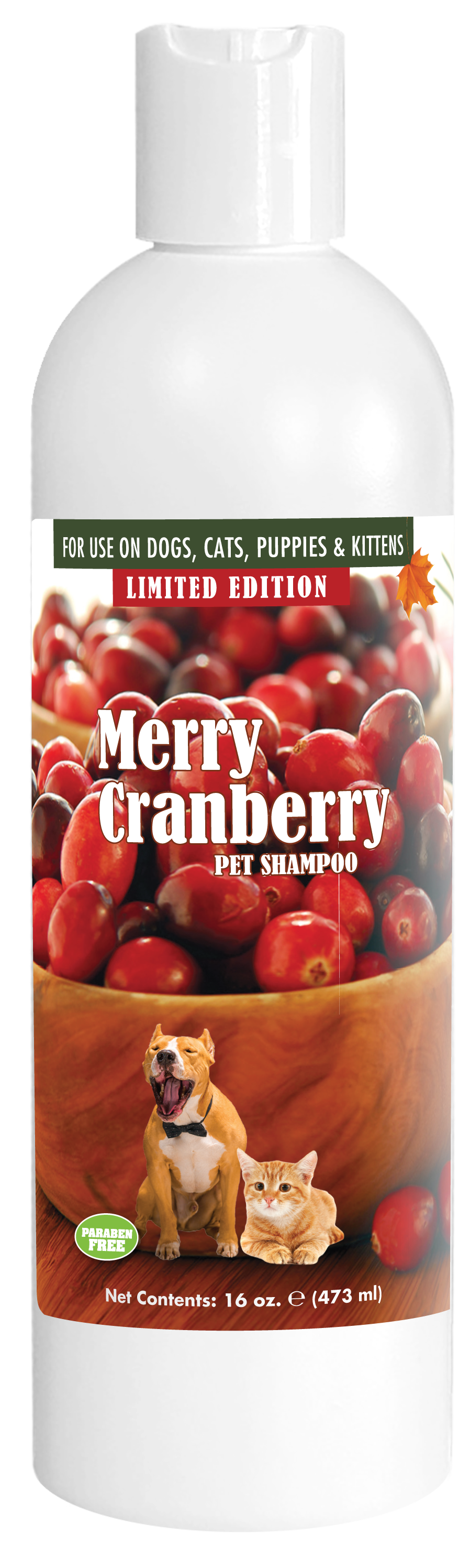 Merry Cranberry Pet Shampoo with instructions in 16 ounce bottle. 