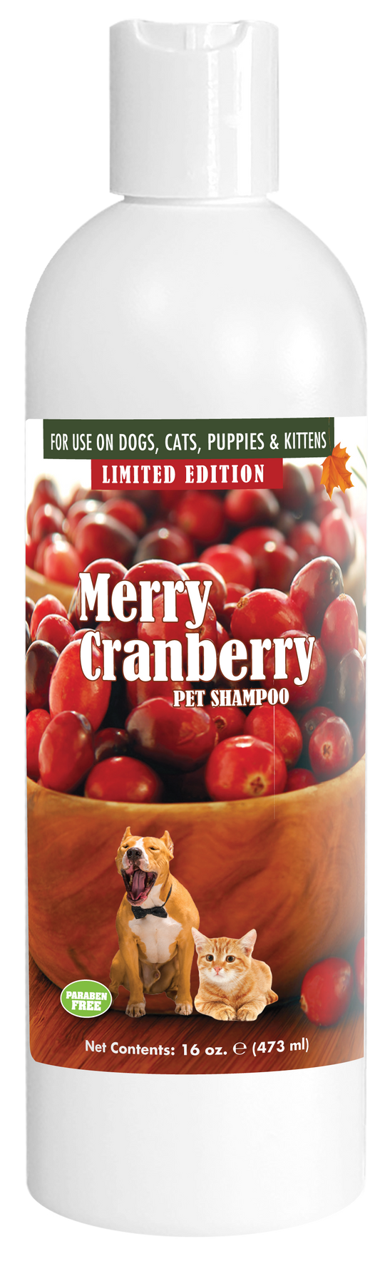 Merry Cranberry Pet Shampoo with instructions in 16 ounce bottle. 