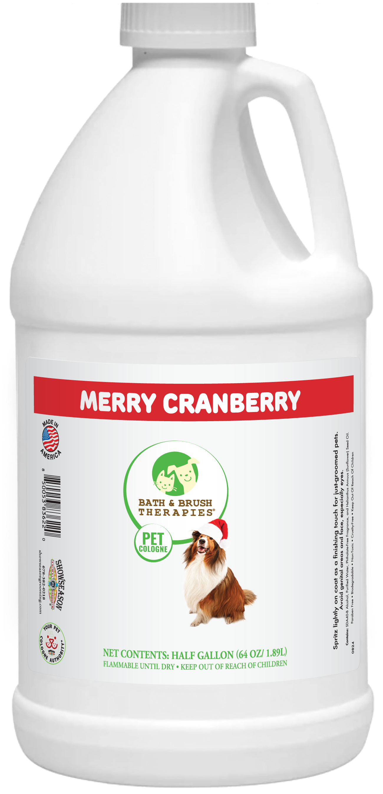 Merry Cranberry Pet Cologne by Bath and Brush Therapies in half gallon bottle. 