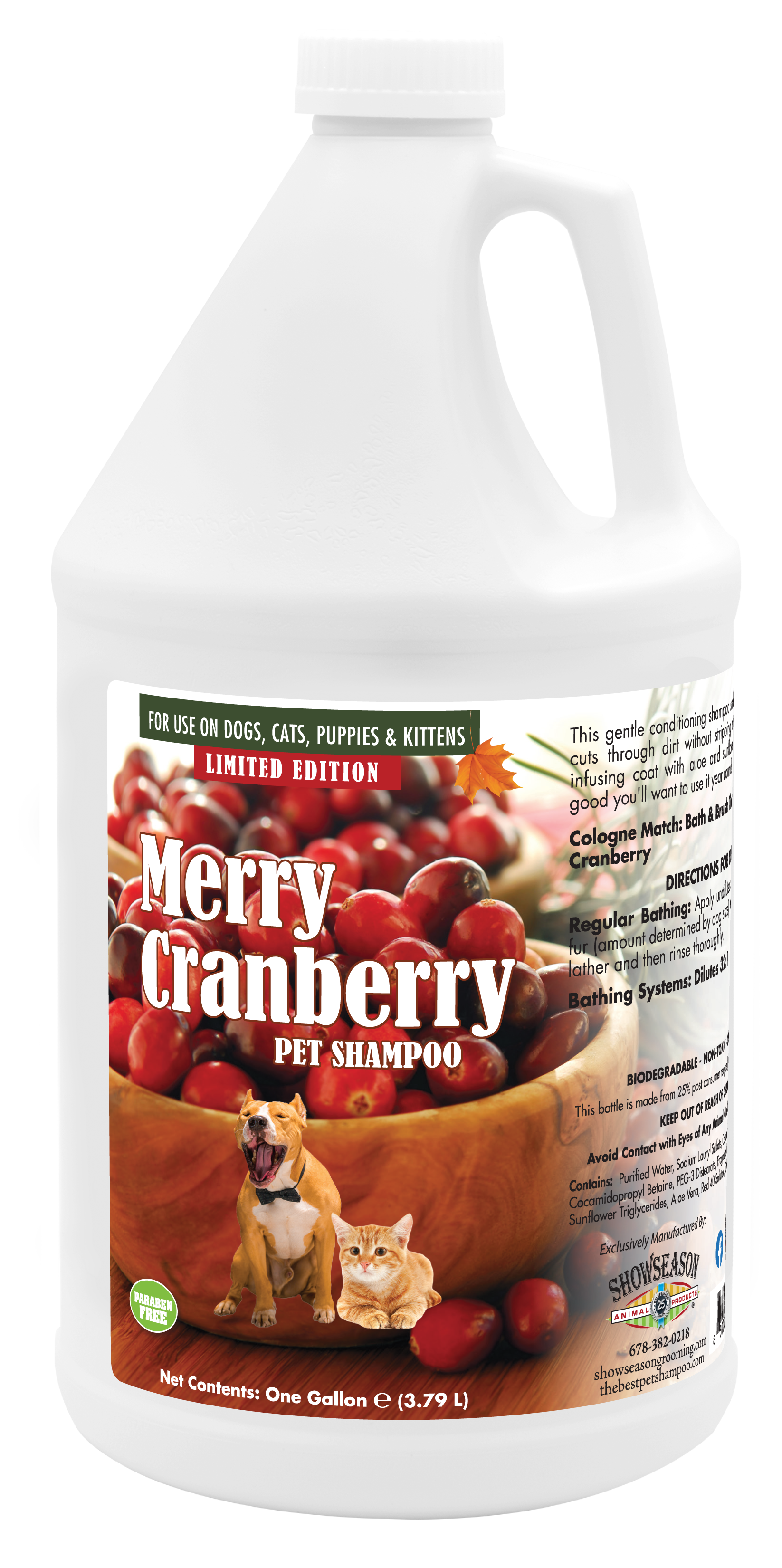 Merry Cranberry Pet Shampoo with instructions in 1 gallon bottle.