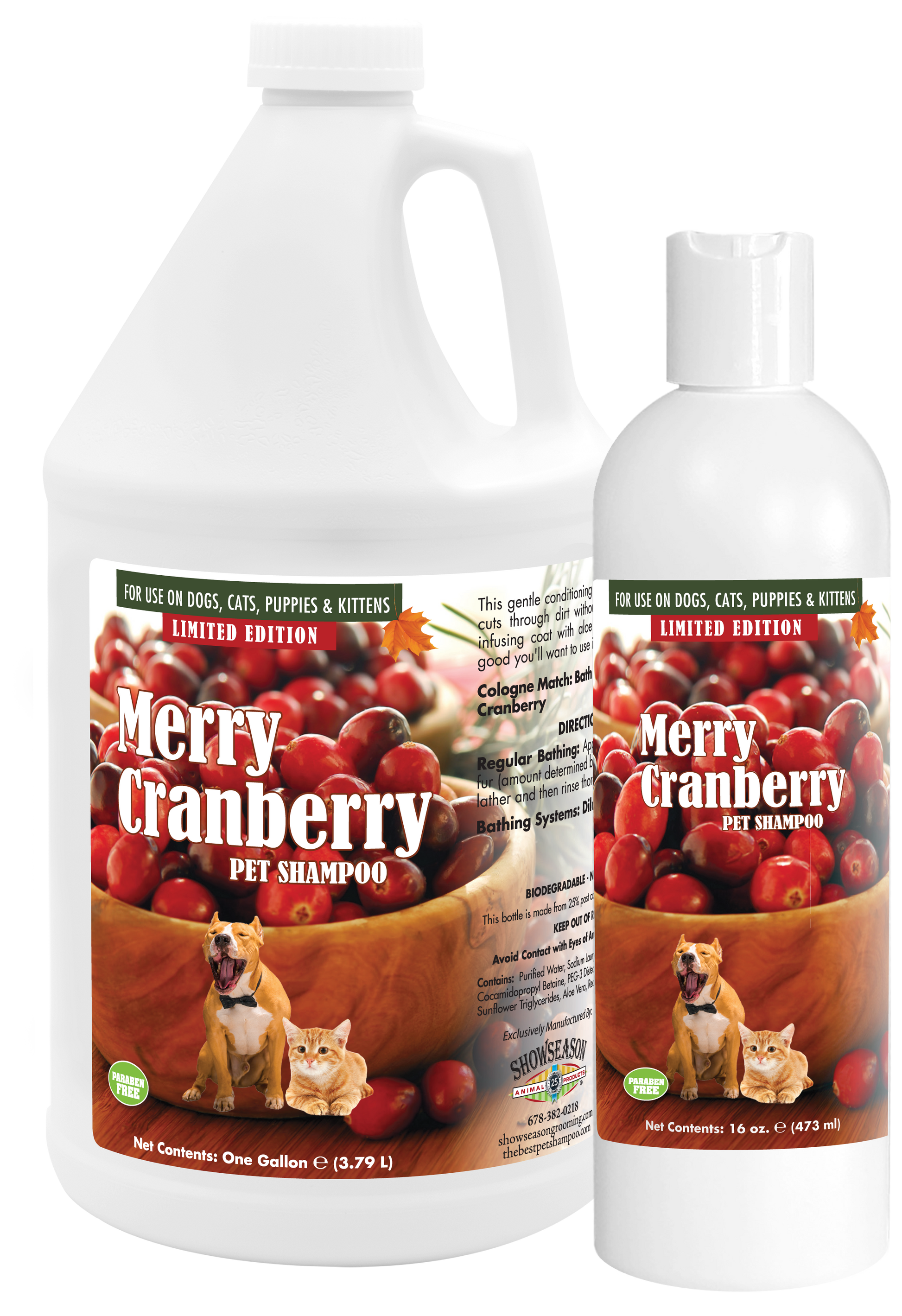 Merry Cranberry Pet Shampoo with instructions in 1 gallon and 16 ounce bottles. 