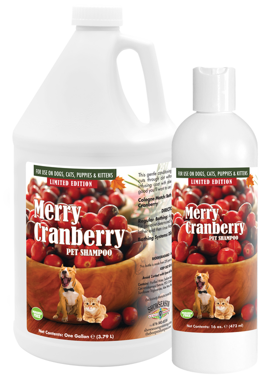 Merry Cranberry Pet Shampoo with instructions in 1 gallon and 16 ounce bottles. 