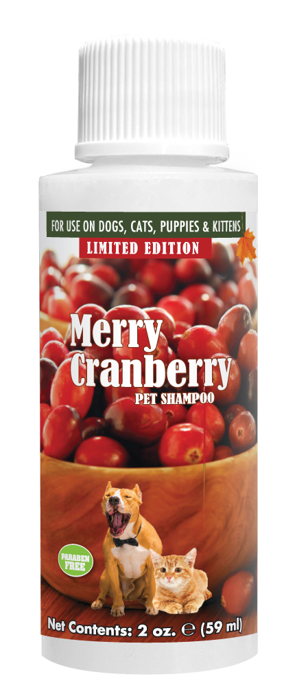 Merry Cranberry Pet Shampoo with instructions in 2 ounce bottle. 
