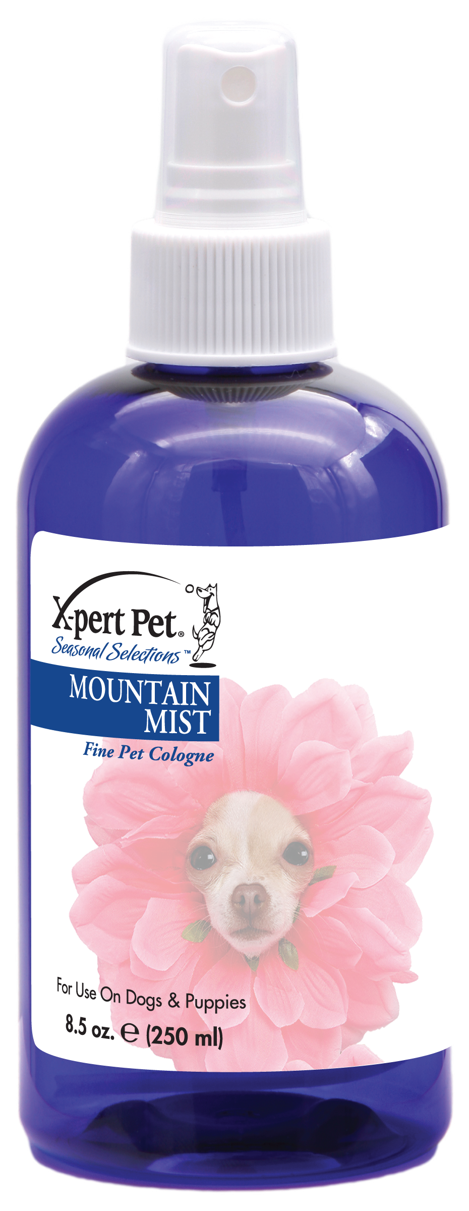 X-Pert Pet Seasonal Selection Mountain Mist Fine Pet Cologne in 8.5 ounce blue pump spray bottle.