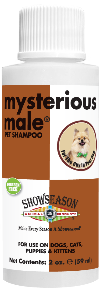 Mysterious Male Pet Shampoo with instructions in 2 ounce bottle. 