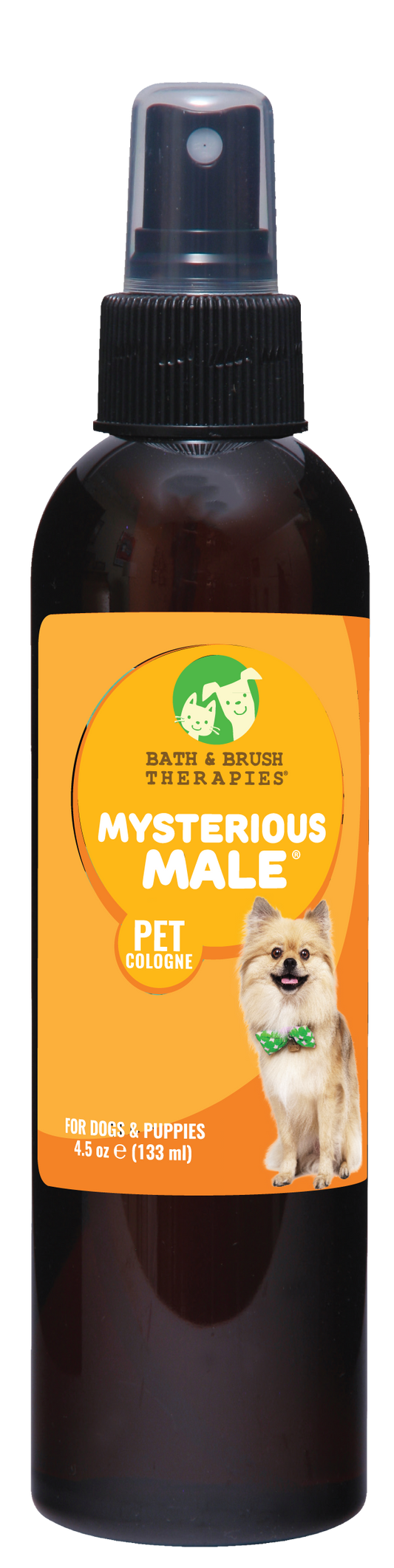 Mysterious Male Pet Cologne by Bath and Brush Therapies in 4.5 ounce pump spray bottle with little dog on the front of the bottle. 