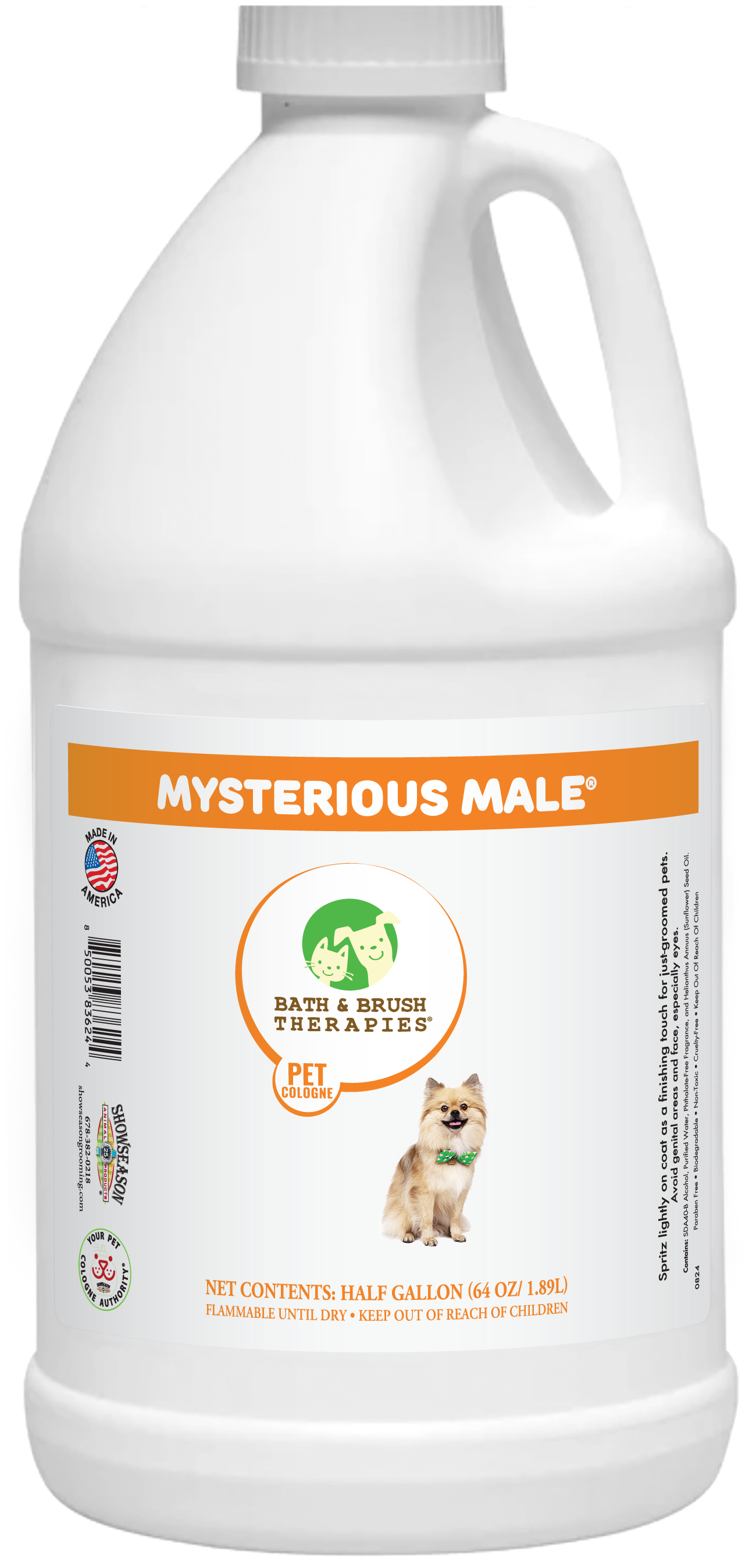 Mysterious Male Pet Cologne by Bath and Brush Therapies in 1 gallon bottle with little dog on the front of the bottle. 