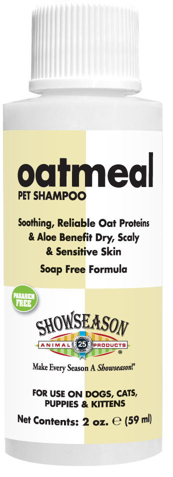 Oatmeal pet shampoo in 2 ounce bottle with instructions. 