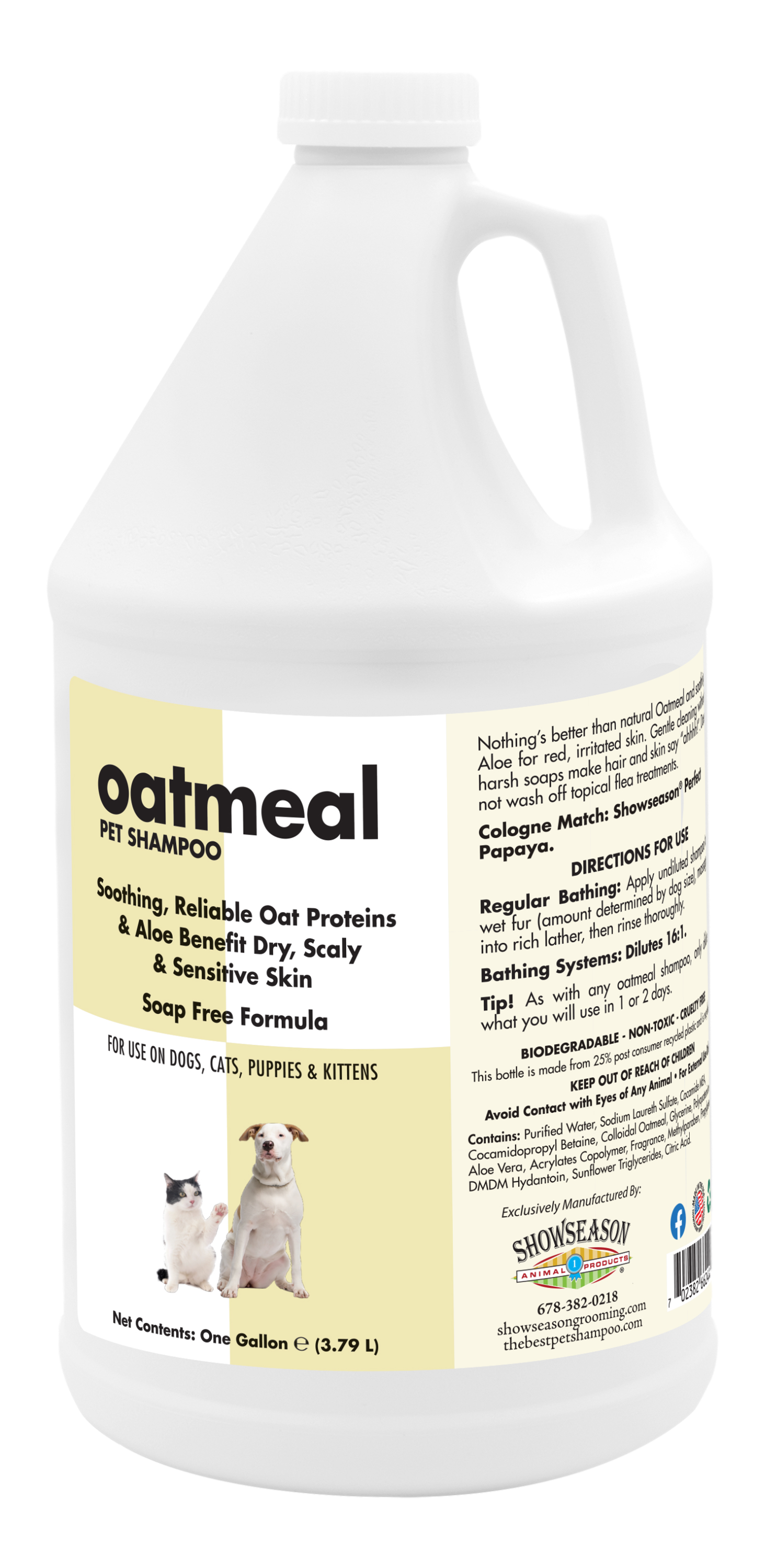 Oatmeal pet shampoo in 1 gallon bottle with instructions. 