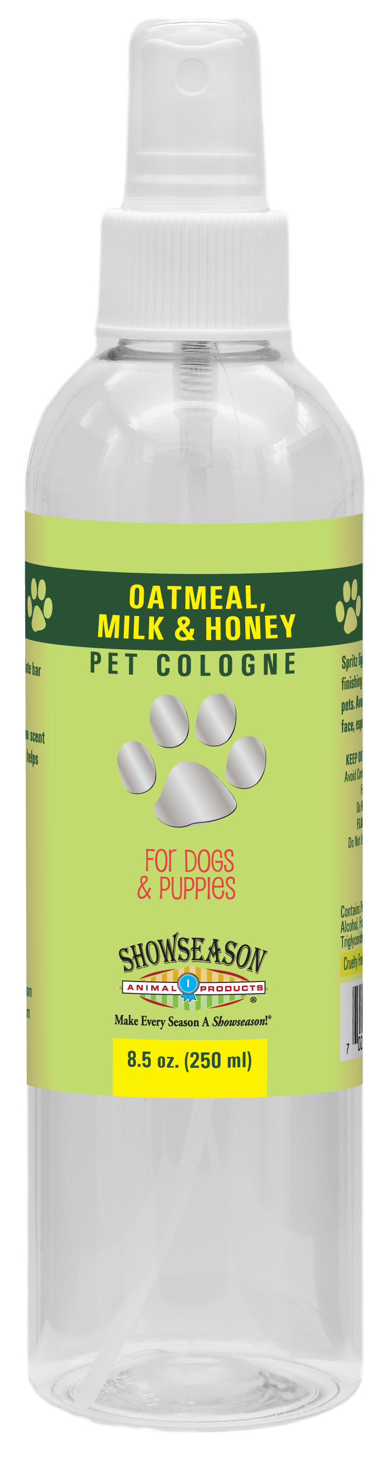 Oatmeal, milk and honey Pet Cologne in 8.5 ounce pump spray bottle. 