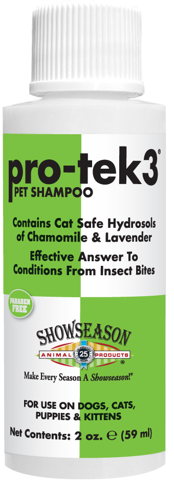 Pro-tek3 pet shampoo 2oz with product information and use