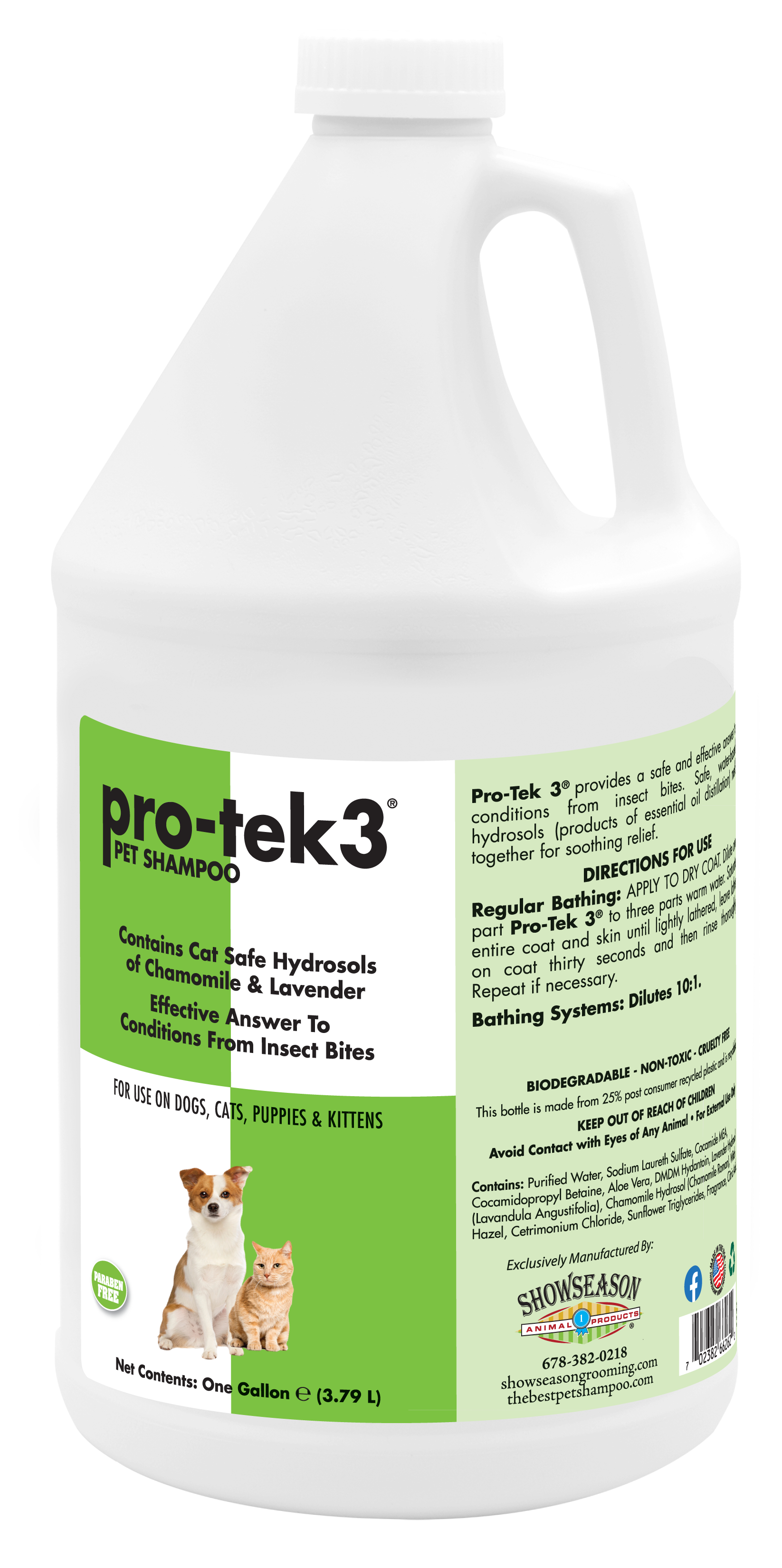 Pro-tek3 Pet shampoo 1 gallon with product information with use. 